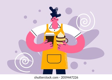 Working as barista in coffeeshop concept. Young stylish man barista standing smiling holding cups of coffee and drinks in hands for client vector illustration