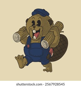 working beaver retro cartoon mascot