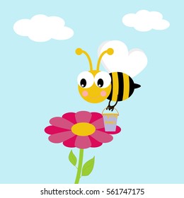 Working bee illustration. Bee with bucket of honey flying around the flower. Vector illustration