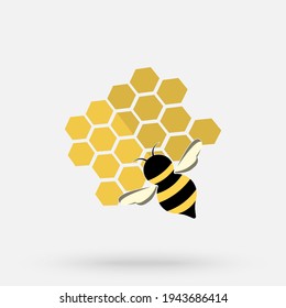 Working bee on honeycomb filled with honey. Bee making honey and propolis. Flat style banner template for honey store.