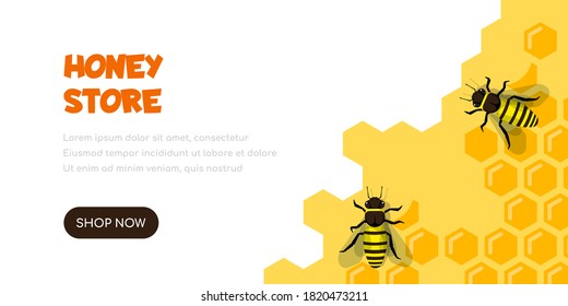 Working bees on honeycomb filled with honey. Bees making honey and propolis. Flat style banner template for honey store.