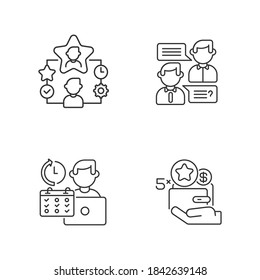 Working benefits linear icons set. Communication, flexible schedule, best employees and bonuses customizable thin line contour symbols. Isolated vector outline illustrations. Editable stroke