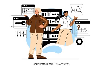 Working with big data. Characters in office. Analytical or logistics department, colleagues prepare presentation and infographic. Digital world and electronic archive. Cartoon flat vector illustration
