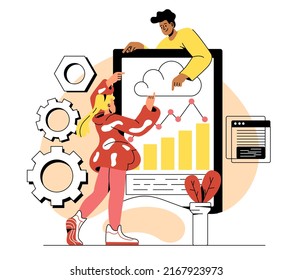 Working with big data. Man and girl analyze graphs and charts. Analytical department and marketing research. Modern technologies and electronic archive, documents. Cartoon flat vector illustration