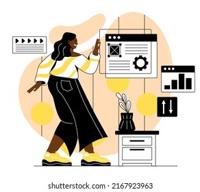 Working With Big Data. Woman Analyzes Graphs, Diagrams And Charts. Modern Technologies And Work With Statistics, Analytical Department And Electronic Data Storage. Cartoon Flat Vector Illustration