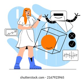 Working with big data. Woman with bot looks for information in archive. Modern technologies and innovations, electronic documents. Graphs and charts, analytics. Cartoon flat vector illustration