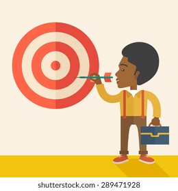 Un hombre negro trabajador con estrategia para aumentar las ventas de su mercado objetivo. Concepto de estrategia de mercado. Un estilo contemporáneo con una paleta pastel y un fondo beige suave. Diseño plano vectorial