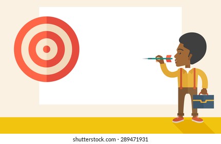 Un hombre negro trabajador con estrategia para aumentar las ventas de su mercado objetivo. Concepto de estrategia de mercado. Un estilo contemporáneo con una paleta pastel y un fondo beige suave. Diseño plano vectorial