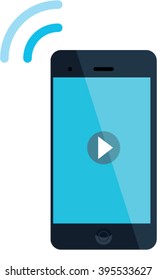 Working Black mobile smart phone with play bottom on the blue touch screen. Vector illustration. 
