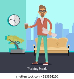 Working break. Man with a cup of coffee holds papers in his hands stands near the sofa. Person in office has rest during work. Male on a snack at work time in flat style design. Vector illustration
