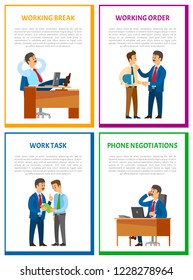 Working break, order at workplace, work task and telephone negotiations vector posters. Boss and executive worker, businessman with colleague speking