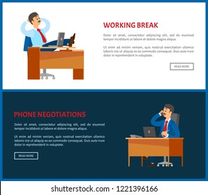 Working break and phone negotiations posters. Boss resting in office, put legs on table. Leader with mustaches in relaxed pose. Chief worker dreaming at workplace
