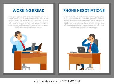 Working break and phone negotiations vector posters. Boss leader speaking on telephone, conversation with client in support center. Man resting at workplace
