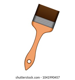Working brush, painter decorator brush, brown hairs, yellow wooden handle, gray metal tip, simple drawing, realistic voluminous, light and shadow, isolated object, white background, repair