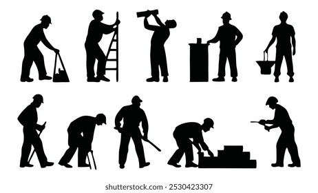 Los constructores de trabajo establecen siluetas aisladas de Ilustración vectorial plana sobre fondo blanco.