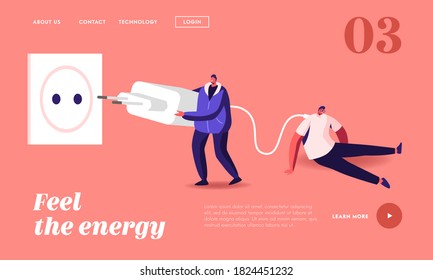 Working Burn Out, Zero Power Landing Page Template. Tiny Character Put Huge Plug into Socket to Recharge Tired Business Man Sitting with Low Life Energy Percent. Cartoon People Vector Illustration
