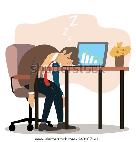 Working burnout syndrome. Tired male manager at work sitting at the table with head on laptop computer.  business concept of overload. Flat design.  vector illustration, 