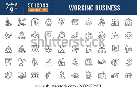 Working business line editable icons set. Containing meeting, businessman, working, teamwork, human resource, leadership and more. Vector Illustration