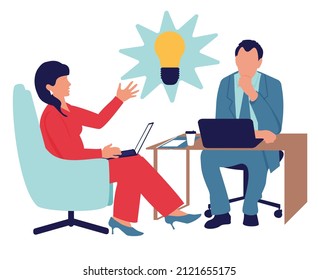 Working business meeting, brainstorming. A man and a woman came up with a new innovative idea, a product. Startup concept. Project conference. Vector illustration