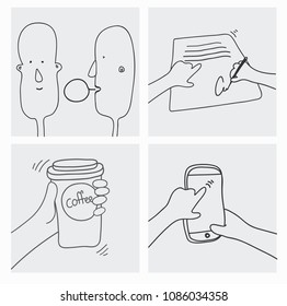 working business process Set of pictures dedicated work process Negotiations signing an agreement drinking coffee and taking a break Vector isolated flat linear illustration Hand draw comic style