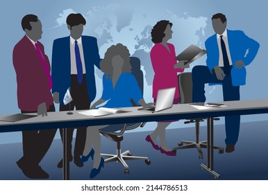 Working Business Team in a modern office space. Vector illustration of a group of Male and Female Business People depicted as color silhouettes against a world map background.