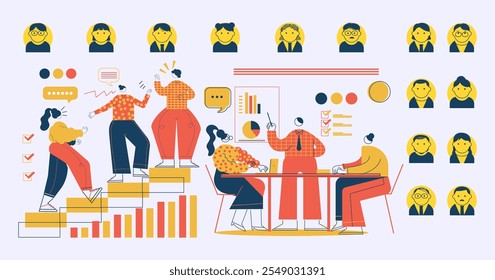 Working business team vector illustration. Goals, objectives, business grow and plan symbol teamwork, cooperation, patnership.