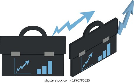 working businessman briefcase with growth graph and blue arrow pointing direction