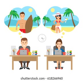 working businessman and businesswoman dreaming about summer vacation on the beach