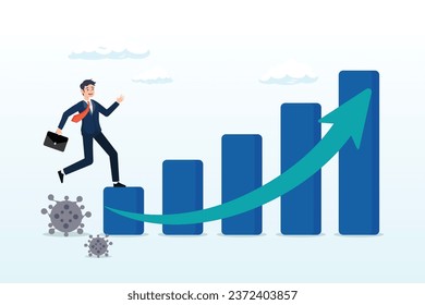 Empresario trabajador inversor o líder de empresa caminando sobre el patógeno del Coronavirus para crecer en el gráfico de barras económicas flecha hacia arriba, recuperación económica después de la crisis del Coronavirus COVID-19, post pandemia (Vector)