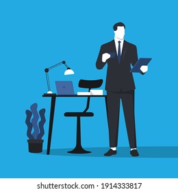 Working businessman with tablet in hand. Simple trendy color flat style on blue background. Business and finance concept. Designed vector illustration.