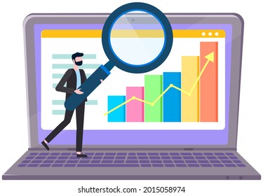 Working businessman vector, business plan and strategy. Male character with magnifying glass analyzes business data, conducts statistical research. Online statics, data analysis, computation, planning