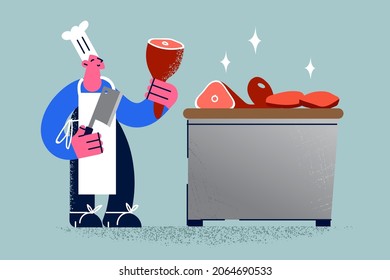 Working as butcher with meat concept. Young man butcher cartoon character wearing apron and hat standing holding beef leg in hands vector illustration 