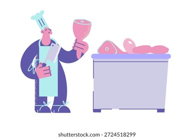 Working as butcher with meat concept. Young man butcher cartoon character wearing apron and hat standing holding beef leg in hands vector illustration