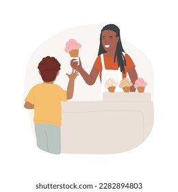 Working in a cafe isolated cartoon vector illustration. Young teen girl working in cafeteria and serving client, holding ice cream, teenager first job in cafe, summer work vector cartoon.