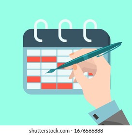 Working with the calendar. Businessman's hand with a pen. the businessman makes notes in the calendar.Flat vector illustration.