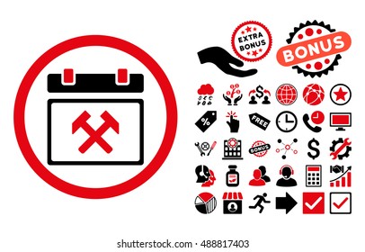 Working Calendar Day icon with bonus pictures. Vector illustration style is flat iconic bicolor symbols, intensive red and black colors, white background.