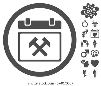 Working Calendar Day pictograph with bonus romantic images. Vector illustration style is flat rounded iconic gray symbols on white background.