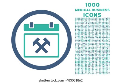 Working Calendar Day rounded vector bicolor icon with 1000 medical business icons. Set style is flat pictograms, cobalt and cyan colors, white background.