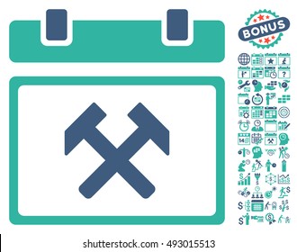 Working Calendar Page icon with bonus calendar and time management design elements. Vector illustration style is flat iconic bicolor symbols, cobalt and cyan colors, white background.