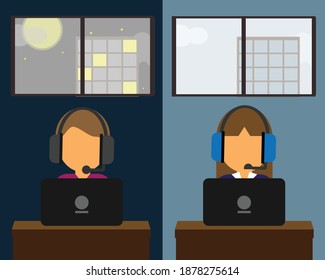 Working As A Call Center In Day Shift And Night Shift Vector