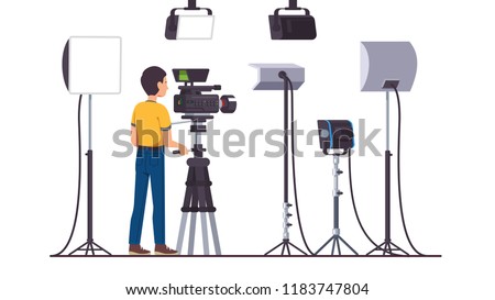 Working cameraman shooting with professional video camera on stand. Television productions studio with stage lighting equipment, softbox, LED, spot, continuous, flood lights. Flat vector illustration