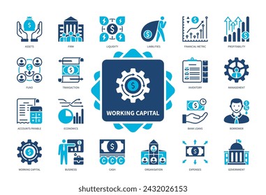 Conjunto de iconos de capital circulante. Pasivo, Liquidez, Rentabilidad, Préstamos Bancarios, Prestatario, Efectivo, Activos, Inventario. Iconos sólidos de color de duotono