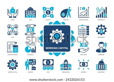 Working Capital icon set. Liabilities, Liquidity, Profitability, Bank Loans, Borrower, Cash, Assets, Inventory. Duotone color solid icons