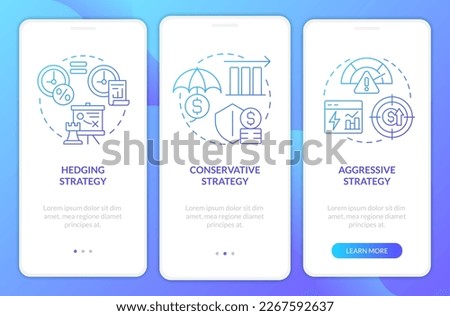 Working capital strategies blue gradient onboarding mobile app screen. Walkthrough 3 steps graphic instructions with linear concepts. UI, UX, GUI template. Myriad Pro-Bold, Regular fonts used