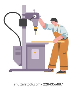 Carpintero de trabajo con equipos e instrumentos de fábrica. Trabajadores de madera aislados con plancha, haciendo muebles o proyectos de madera. Hombre con uniforme, trabajador profesional. Vector en ilustración de estilo plano