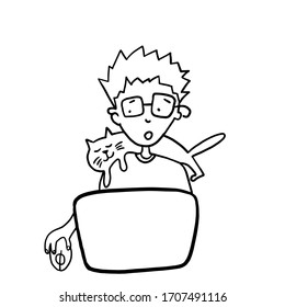 Working with a cat at a computer. Vector illustration Tips on what you can do at home in self-isolation. Pictures for  social networks, flyer  cards, posters, stickers  and professional design.
