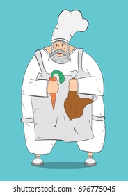 Working chef, cartoon character,Chef with chicken and carrots,Kitchen special clothing, vector image,