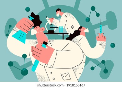 Working in chemical laboratory making research concept. People scientists in white uniform protective masks working on antiviral treatment and making vaccine discovery vector illustration