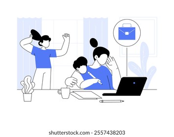 Working with children isolated cartoon vector illustrations. Exhausted woman works from home with kids, multitasking activity, remote work, distance job difficulty, telework vector cartoon.