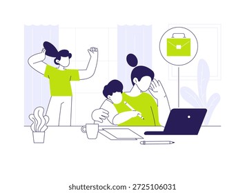Arbeiten mit Kindern einzelne Cartoon-Vektorgrafiken. Erschöpfte Frau arbeitet von zu Hause aus mit Kindern, Multitasking-Aktivität, Fernarbeit, Fernarbeit, Schwierigkeiten bei der Arbeit, Telearbeit, Vektorkarikatur.